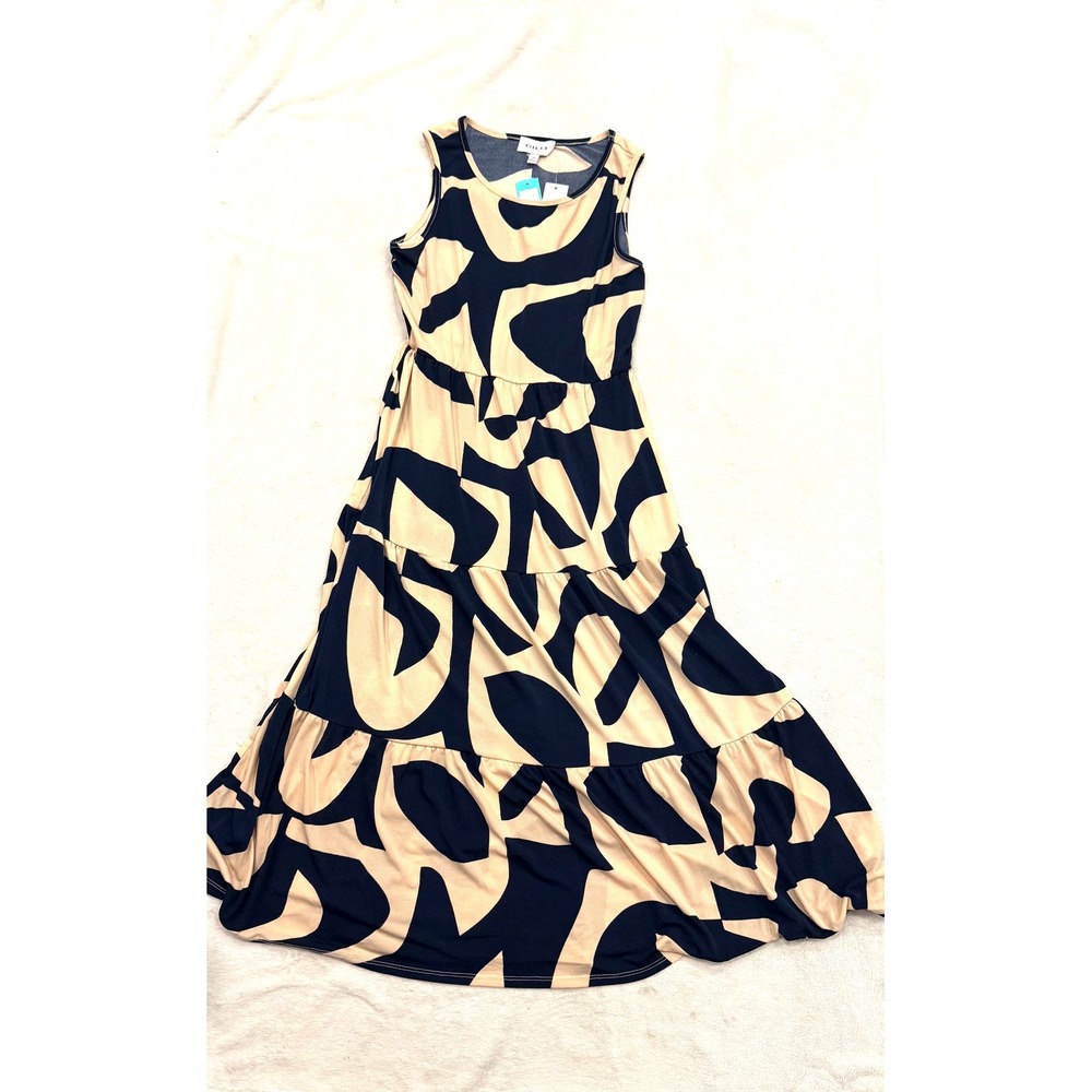 Gilli Ariana Sleeveless‎ Dress Navy Tan Abstract Print Tiered Maxi Petite Small